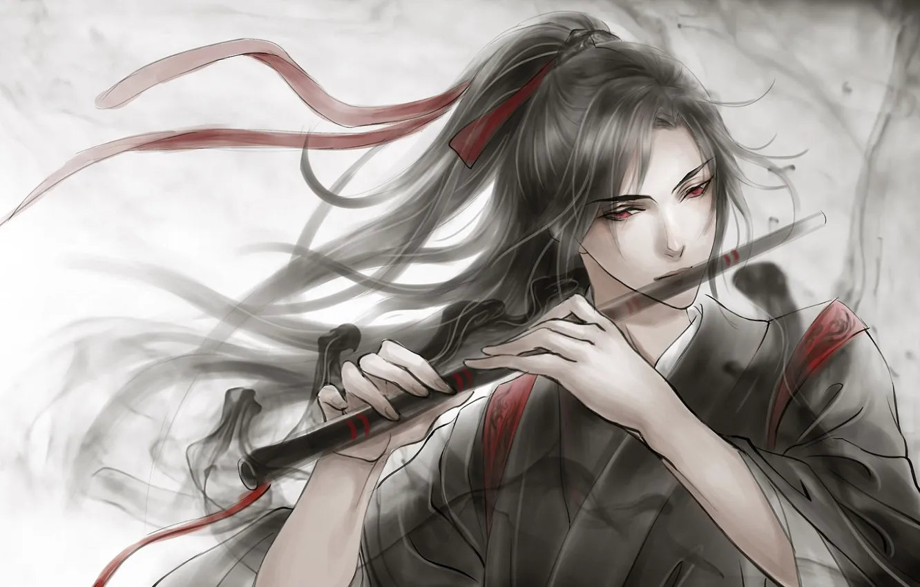 Фото обои серый фон, флейта, красные глаза, длинные волосы, красная лента, черная магия, китайская одежда, Mo Dao …