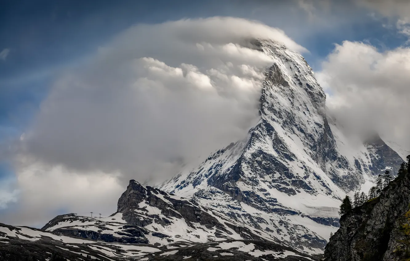 Фото обои sky, nature, mountains, clouds, snow, Matterhorn