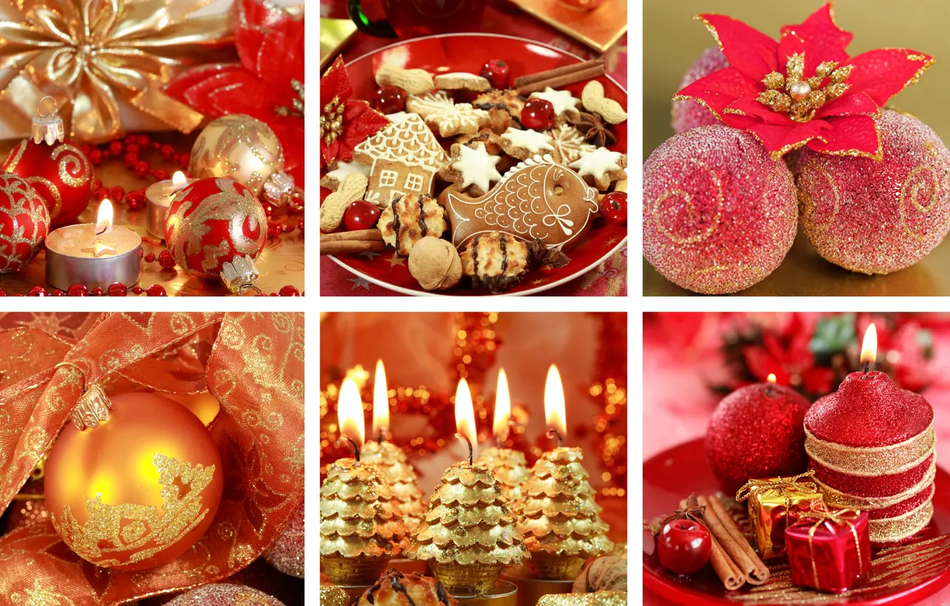 Фото обои шарики, украшения, красный, праздник, коллаж, новый год, свечи, печенье