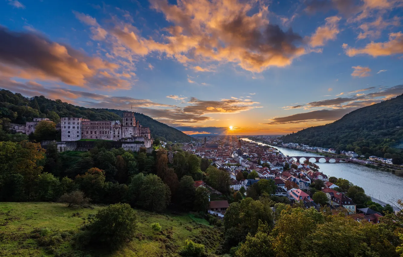 Фото обои Дома, Германия, Реки, Мосты, Рассветы и закаты, Heidelberg