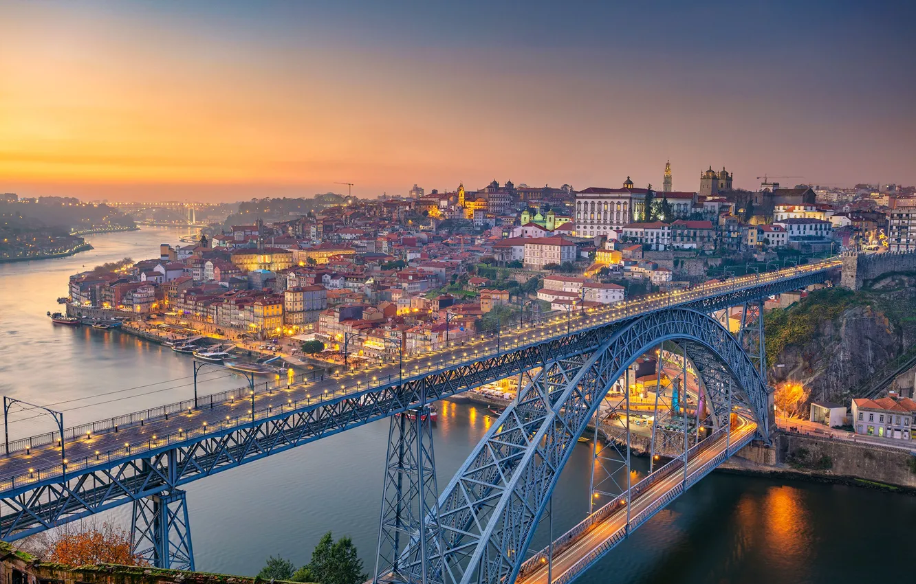 Фото обои мост, река, рассвет, панорама, Португалия, Portugal, Vila Nova de Gaia, Porto