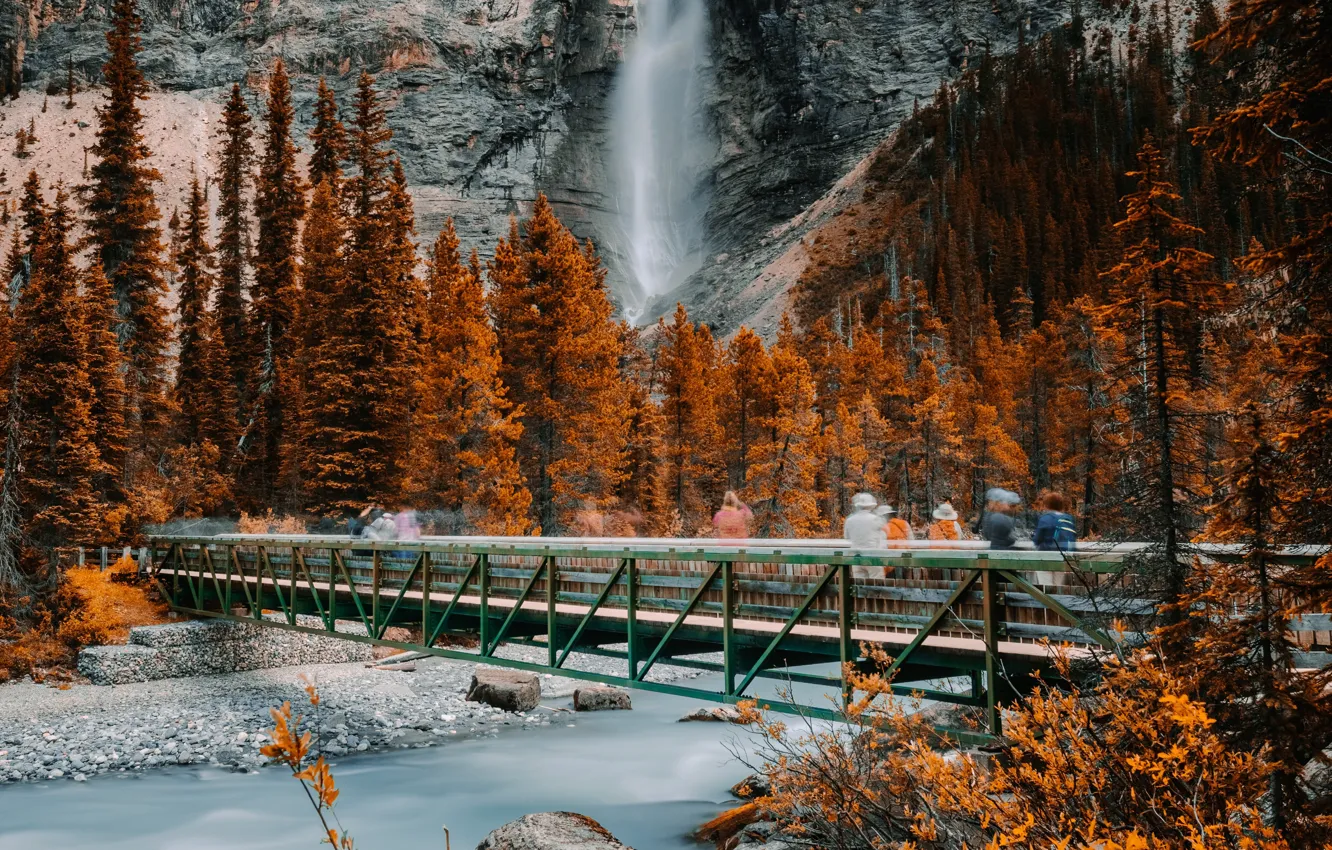 Фото обои rock, Canada, river, trees, nature, bridge, autumn, mountain
