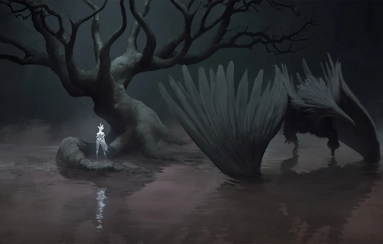 Фото обои темно, crow, tree