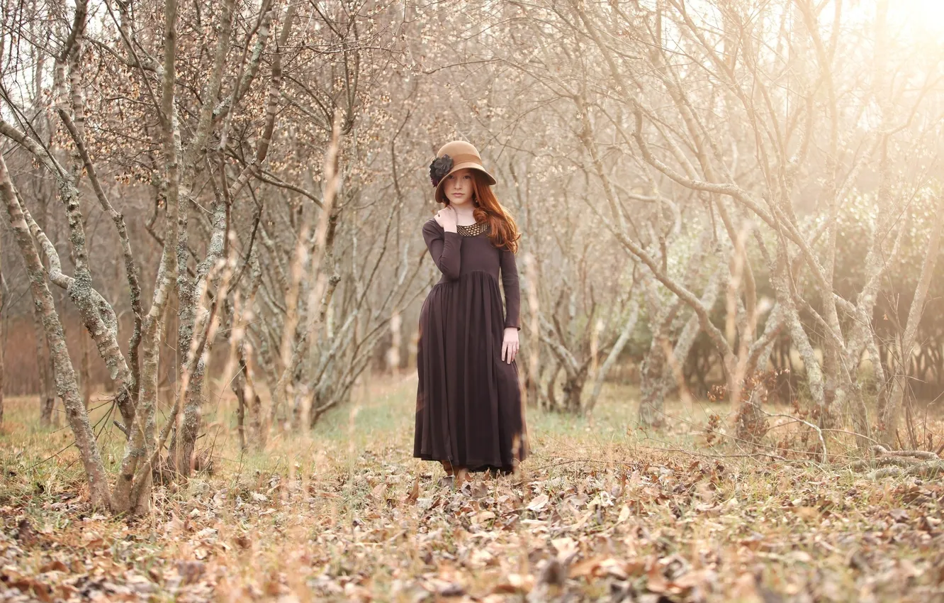 Фото обои осень, листья, девушка, деревья, настроение, шляпа, платье, старое