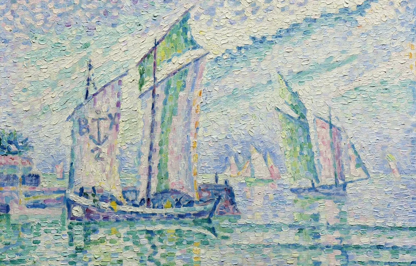 Фото обои лодка, картина, парус, морской пейзаж, Поль Синьяк, пуантилизм, Канал Ла-Рошель