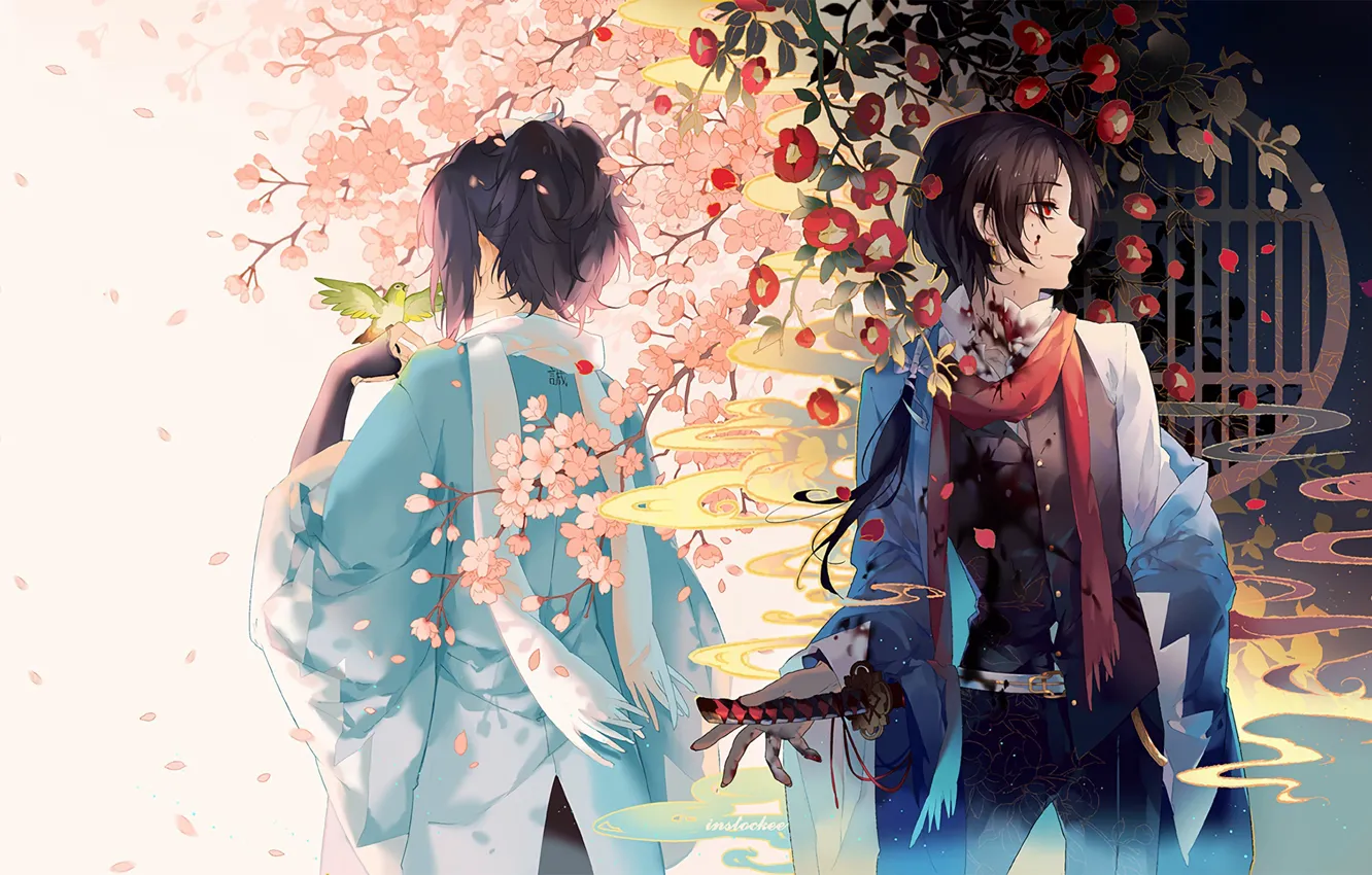 Фото обои цветы, аниме, сад, арт, парни, Touken Ranbu, Танец мечей