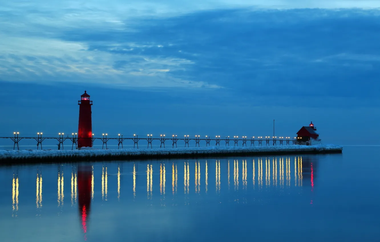 Фото обои ночь, маяк, Lake Michigan