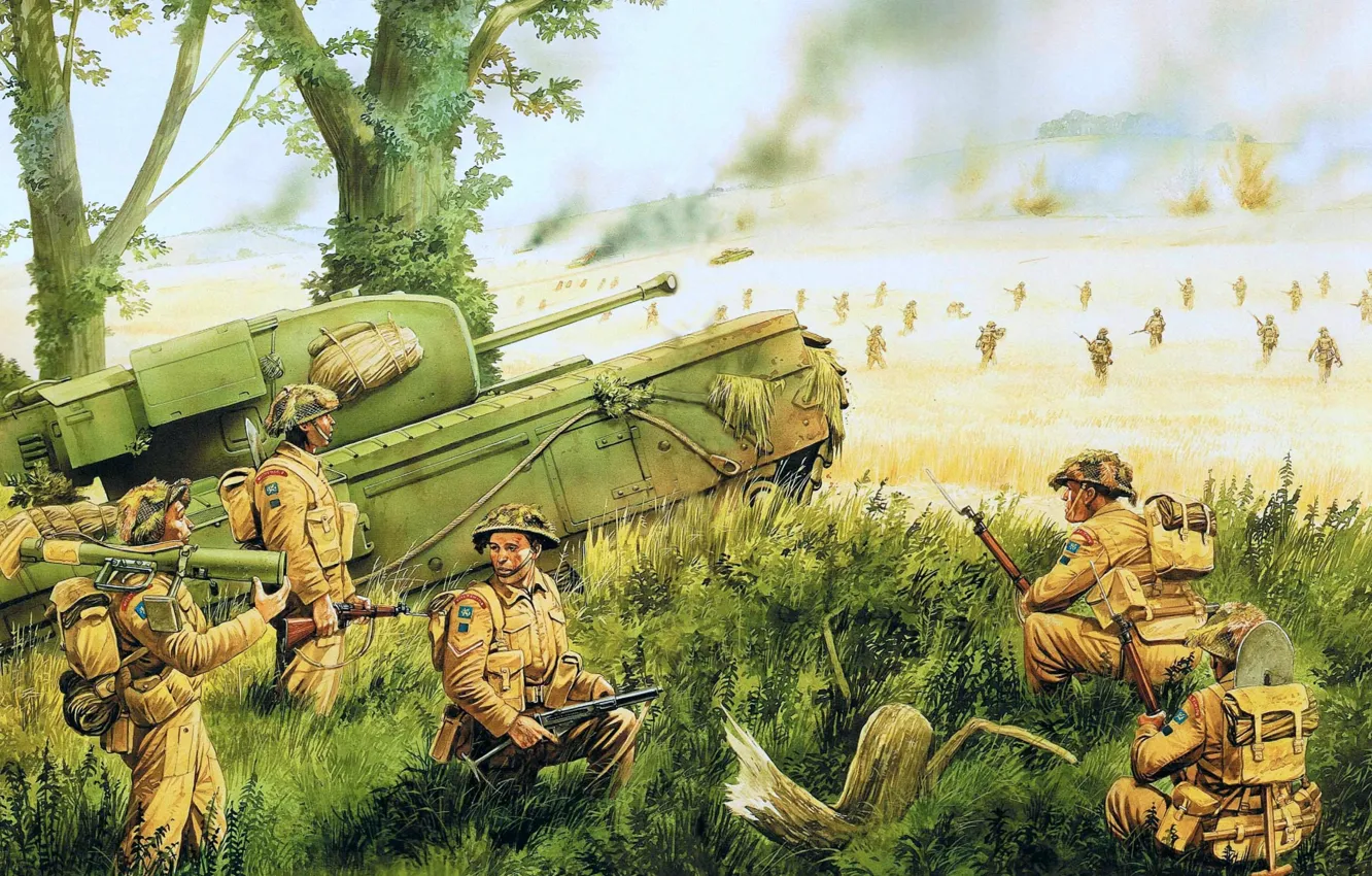 Фото обои арт, художник, солдаты, танк, WW2, Churchill, Infantry, пехотный танк