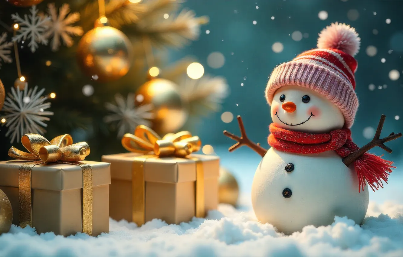 Фото обои зима, шарики, снег, снежинки, ветки, огни, блеск, новый год