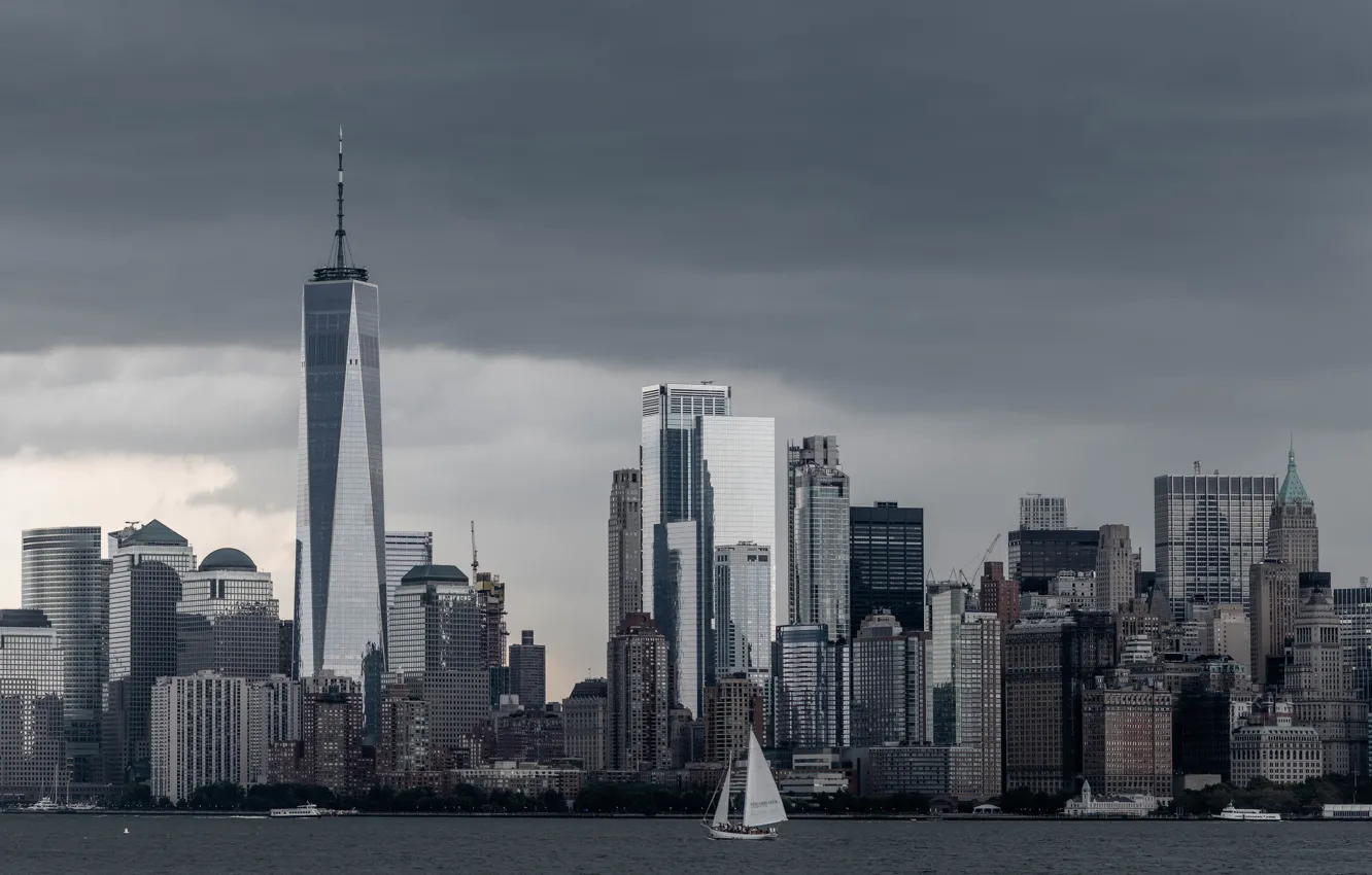 Фото обои город, здания, Нью-Йорк, небоскребы, панорама, США, мегаполис, водоем