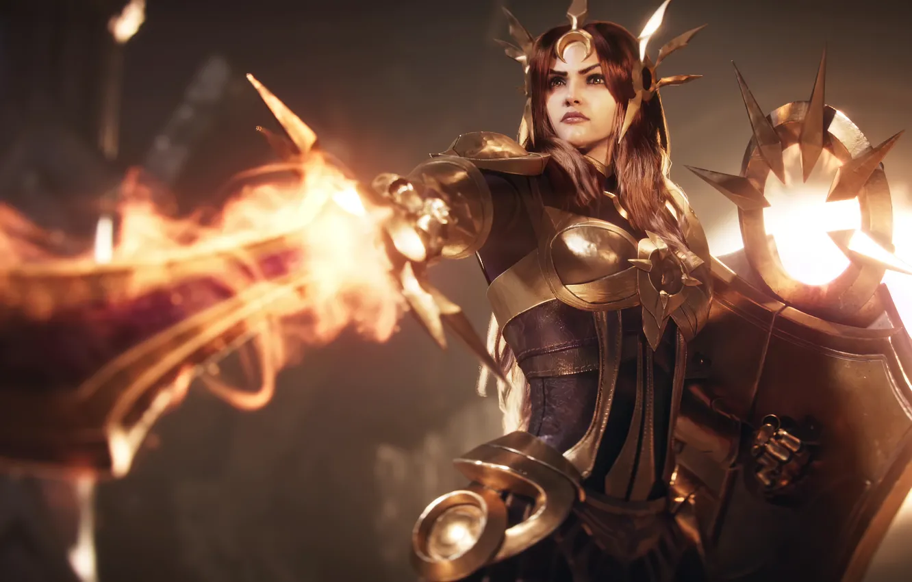 Фото обои Меч, Пламя, Броня, Щит, League of Legends, Leona, Корона, Crown