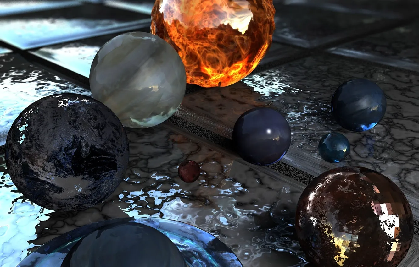 Фото обои стекло, огонь, шары, плитка, планеты, солнечная система, сферы
