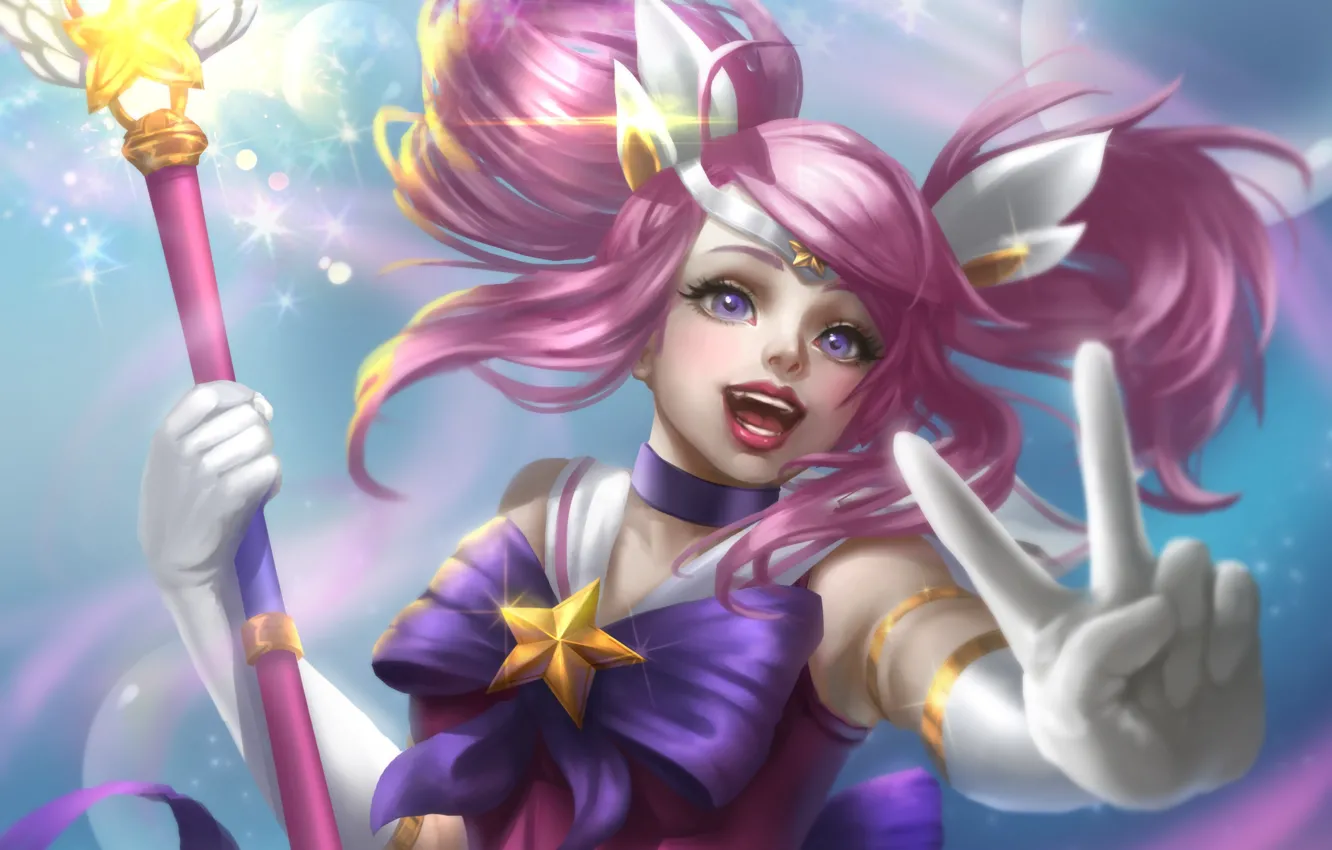 Фото обои девушка, рука, жезл, жест, League of Legends, розовые волосы, Star Guardian Lux