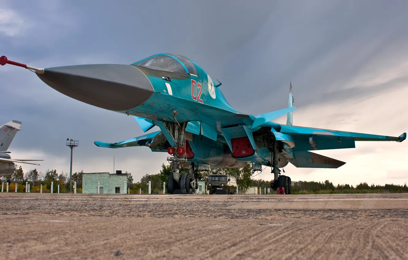 Фото обои стоянка, бомбардировщик, аэродром, Су-34