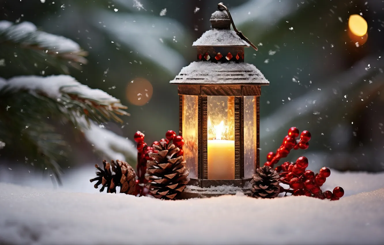 Фото обои зима, снег, ночь, Рождество, фонарь, Новый год, Christmas, night