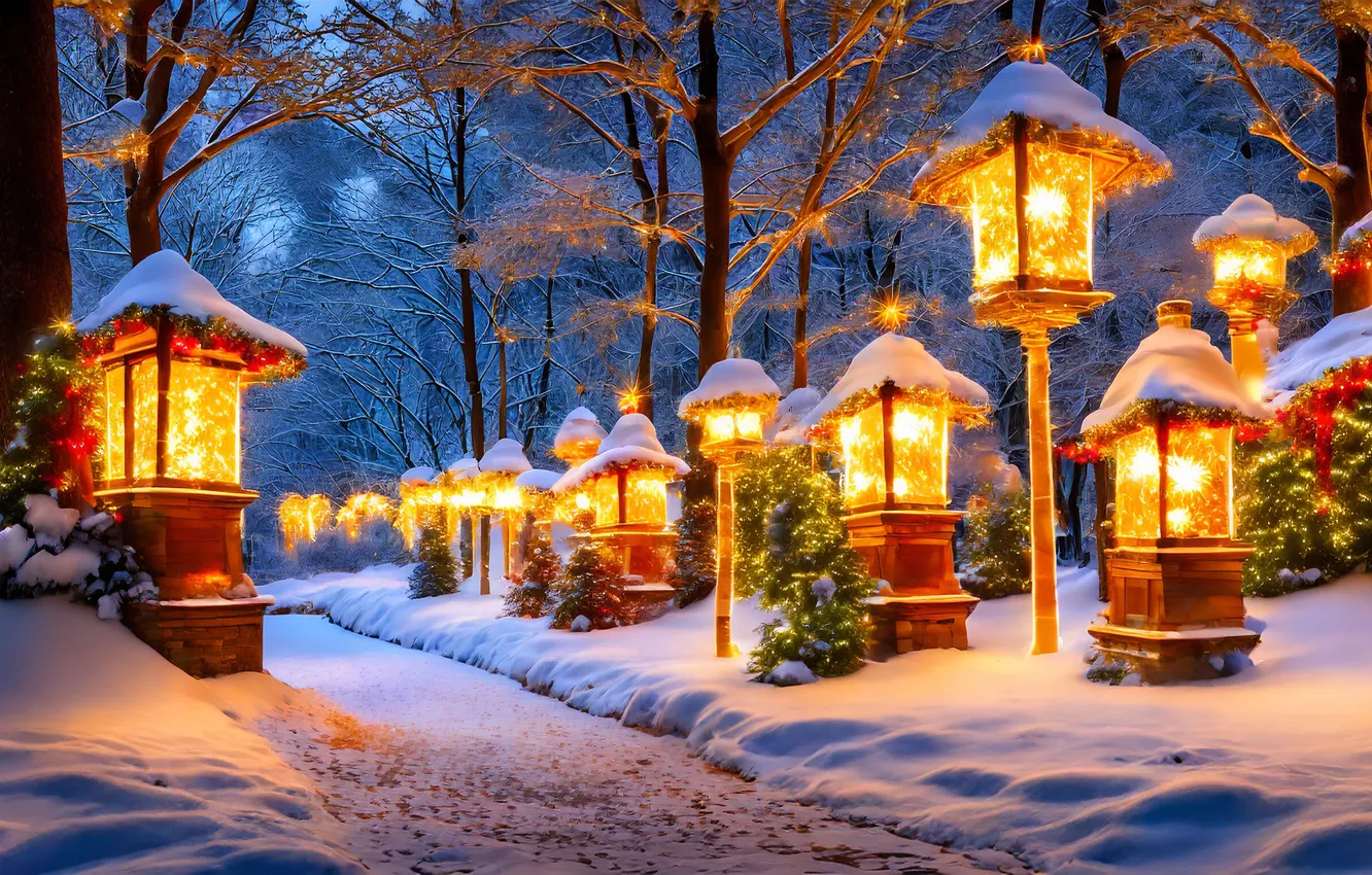 Фото обои зима, снег, ночь, новый год, Рождество, фонари, Christmas, night