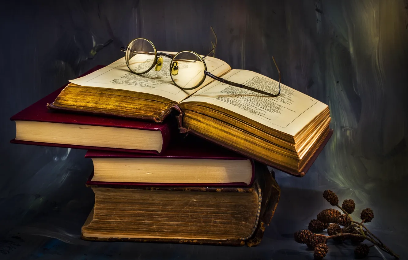 Фото обои очки, книга, ольха, A pile of knowledge