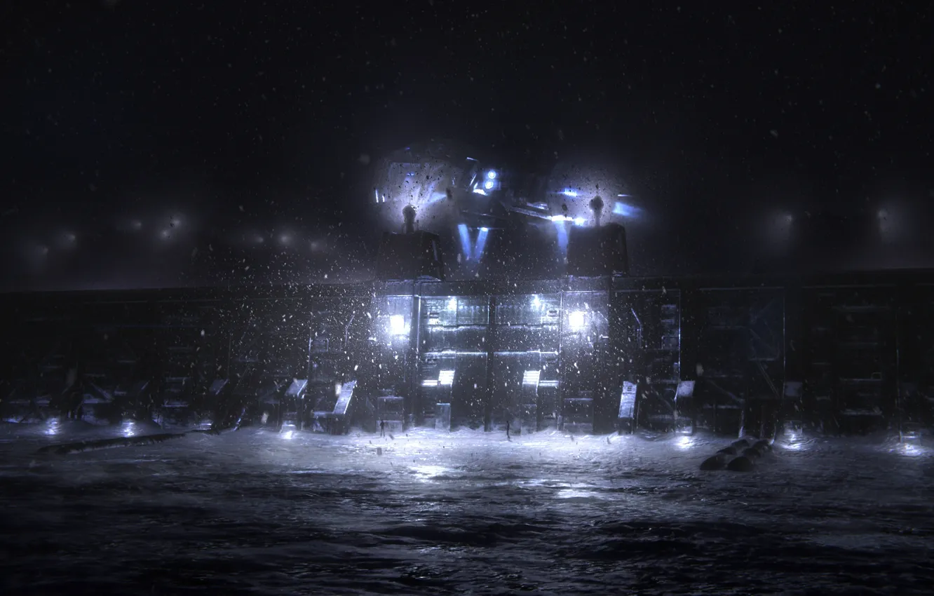 Фото обои зима, снег, ночь, огни, стена, транспорт, человек, корабль