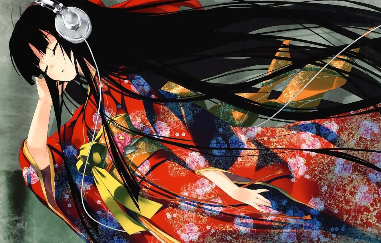 Фото обои узор, наушники, кимоно, адская девочка, enma ai, jigoku shoujo