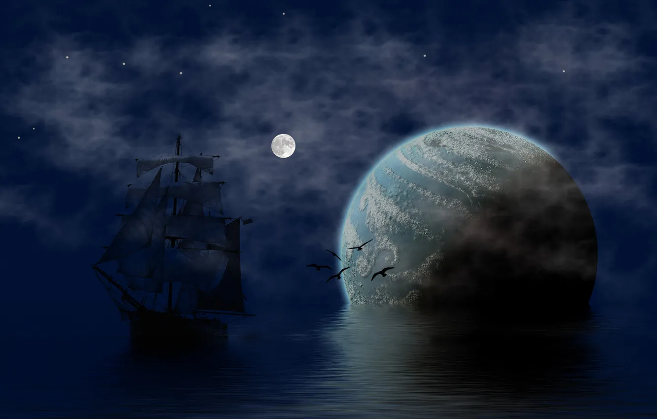 Фото обои море, небо, птицы, отражение, луна, корабль, планета