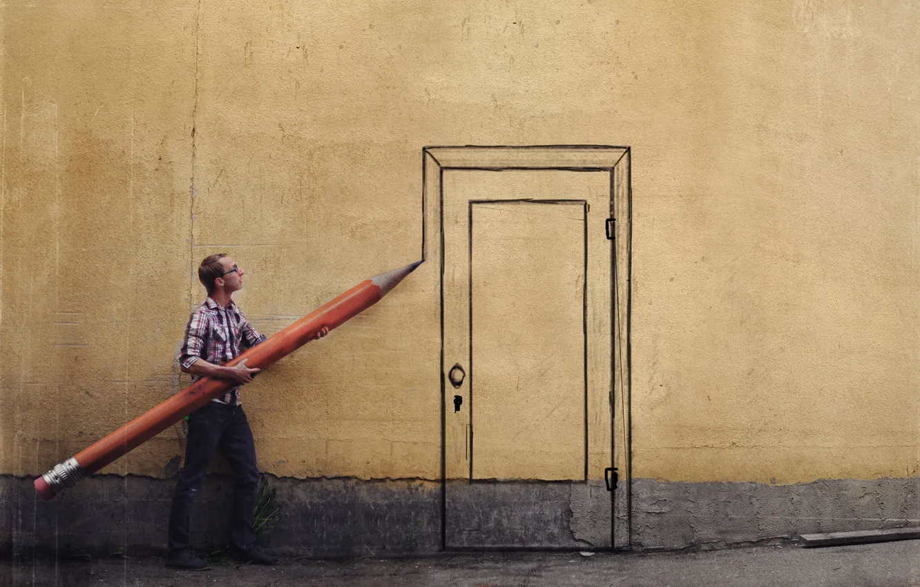 Фото обои стена, дверь, карандаш, парень