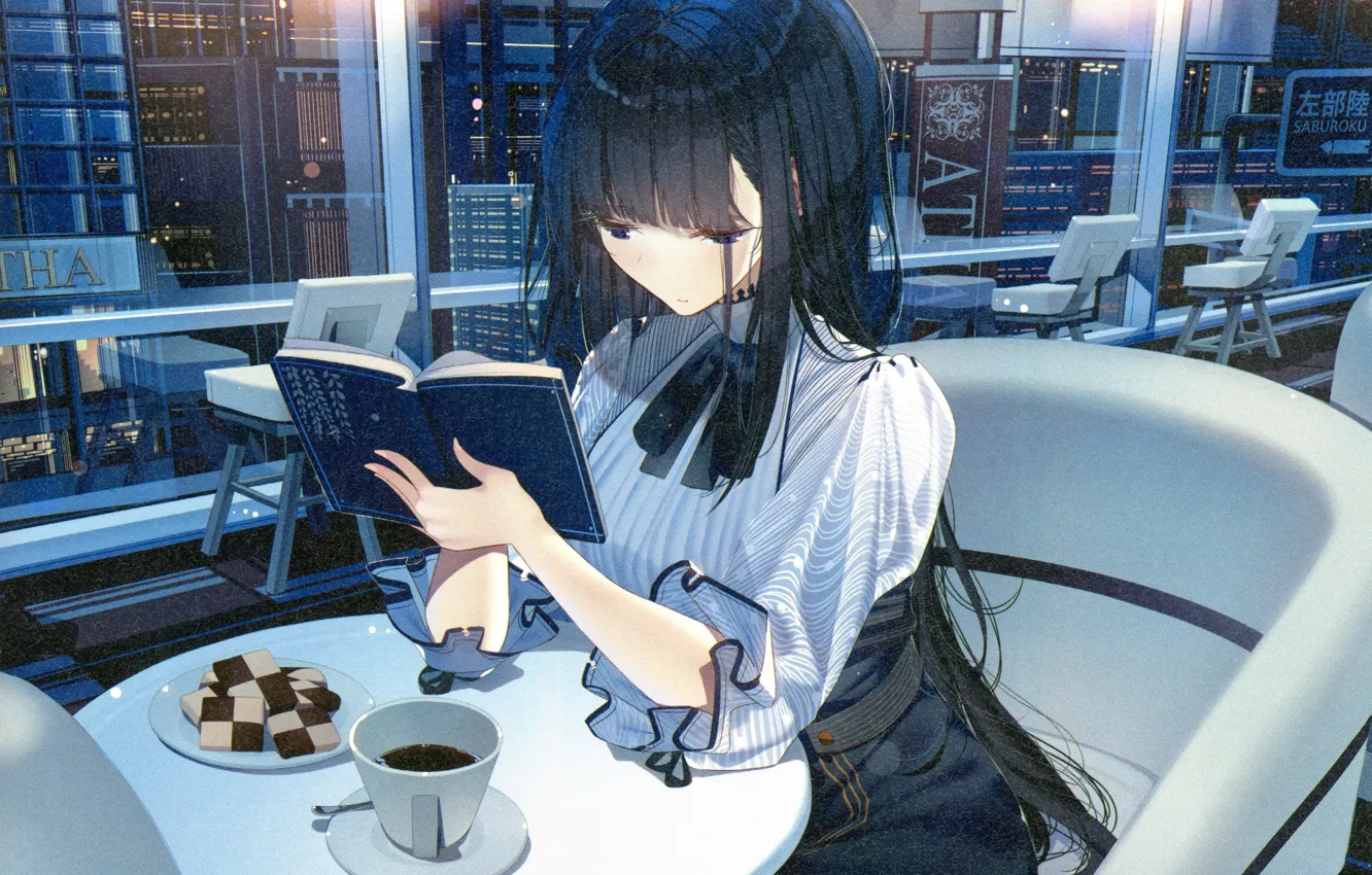 Фото обои печенье, блузка, длинные волосы, студентка, вечерний город, в кафе, чашка кофе, за столиком