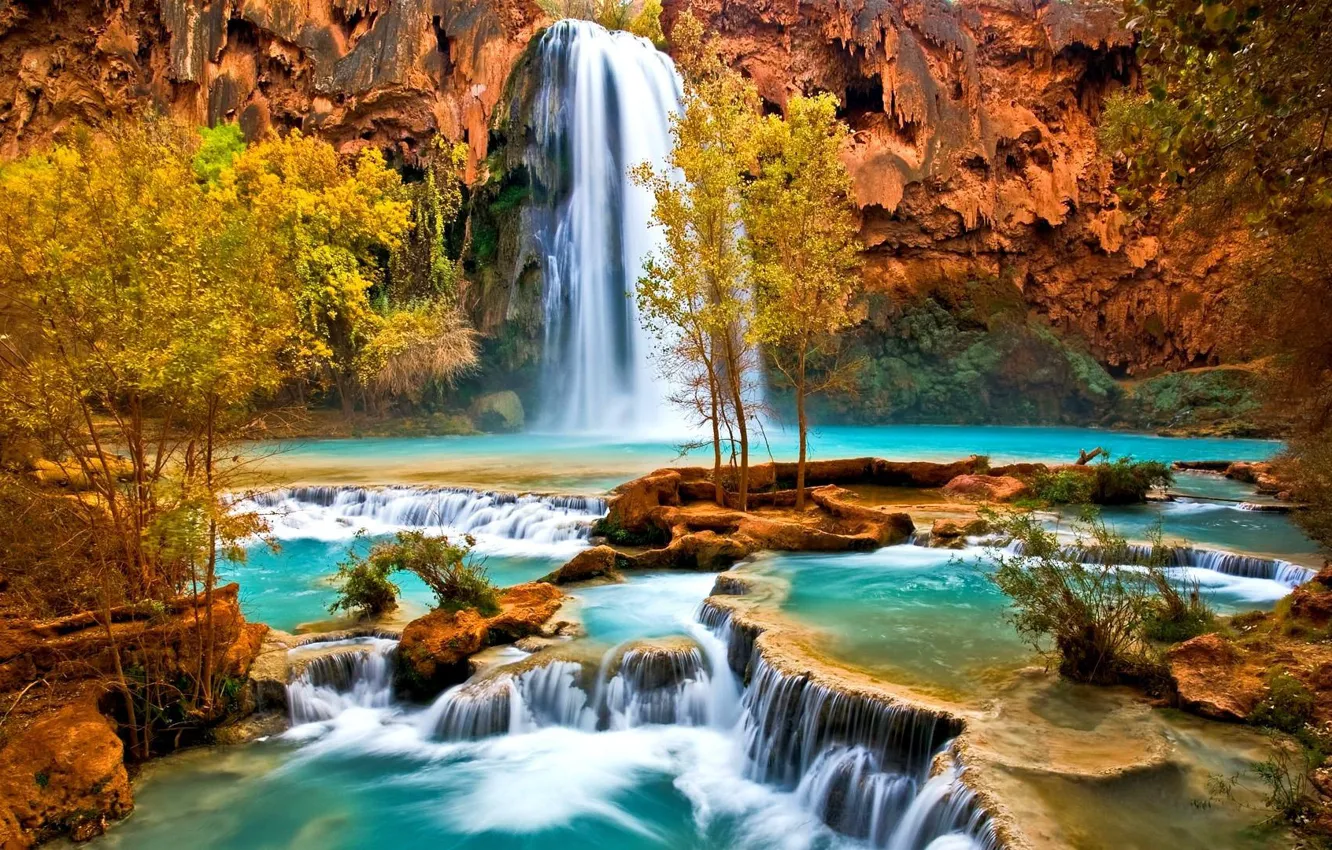 Фото обои осень, река, фото, водопад, Havasu Falls, перекаты