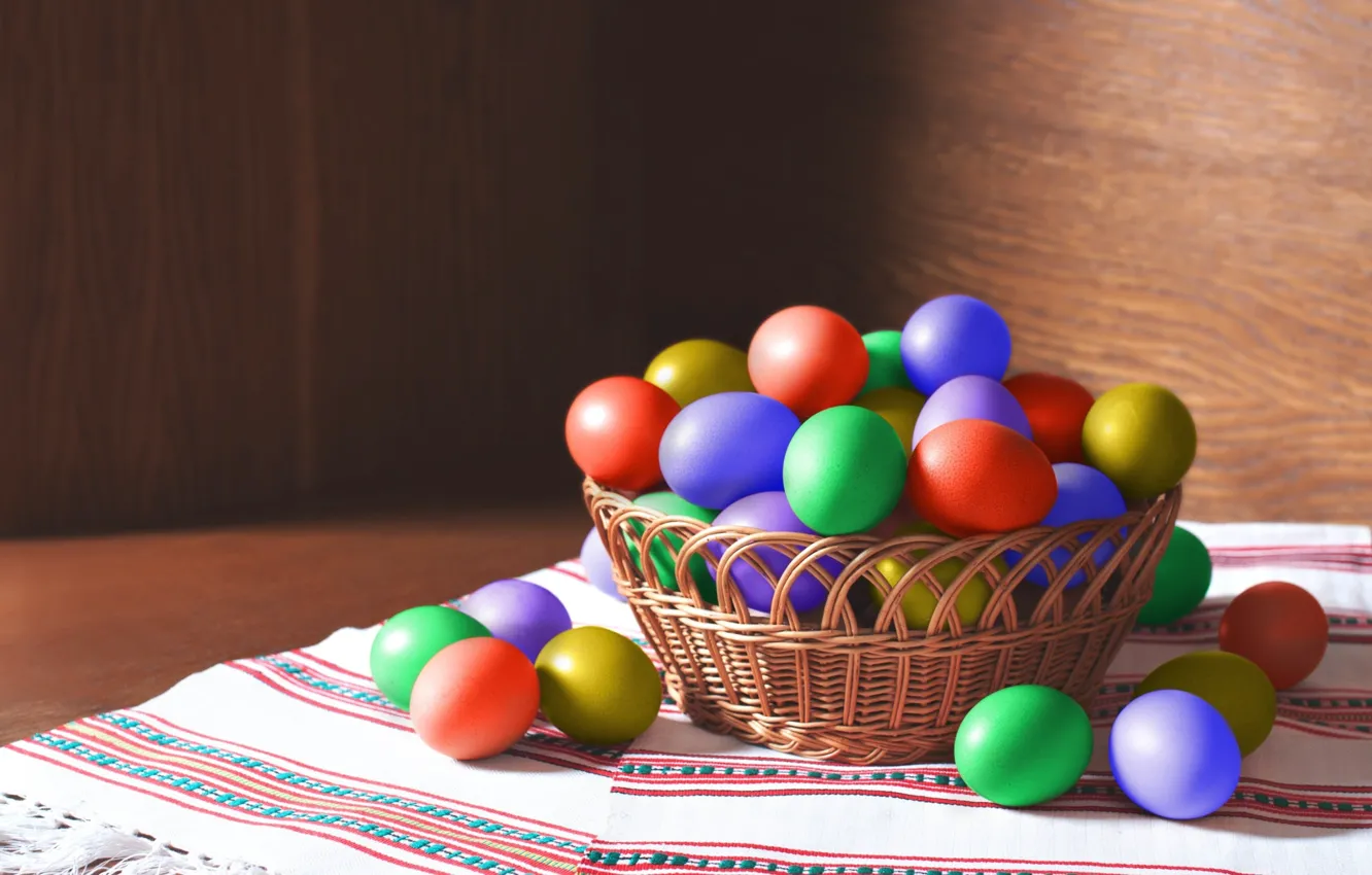 Фото обои праздник, яйца, Пасха, корзинка, Easter, крашенки, рушники