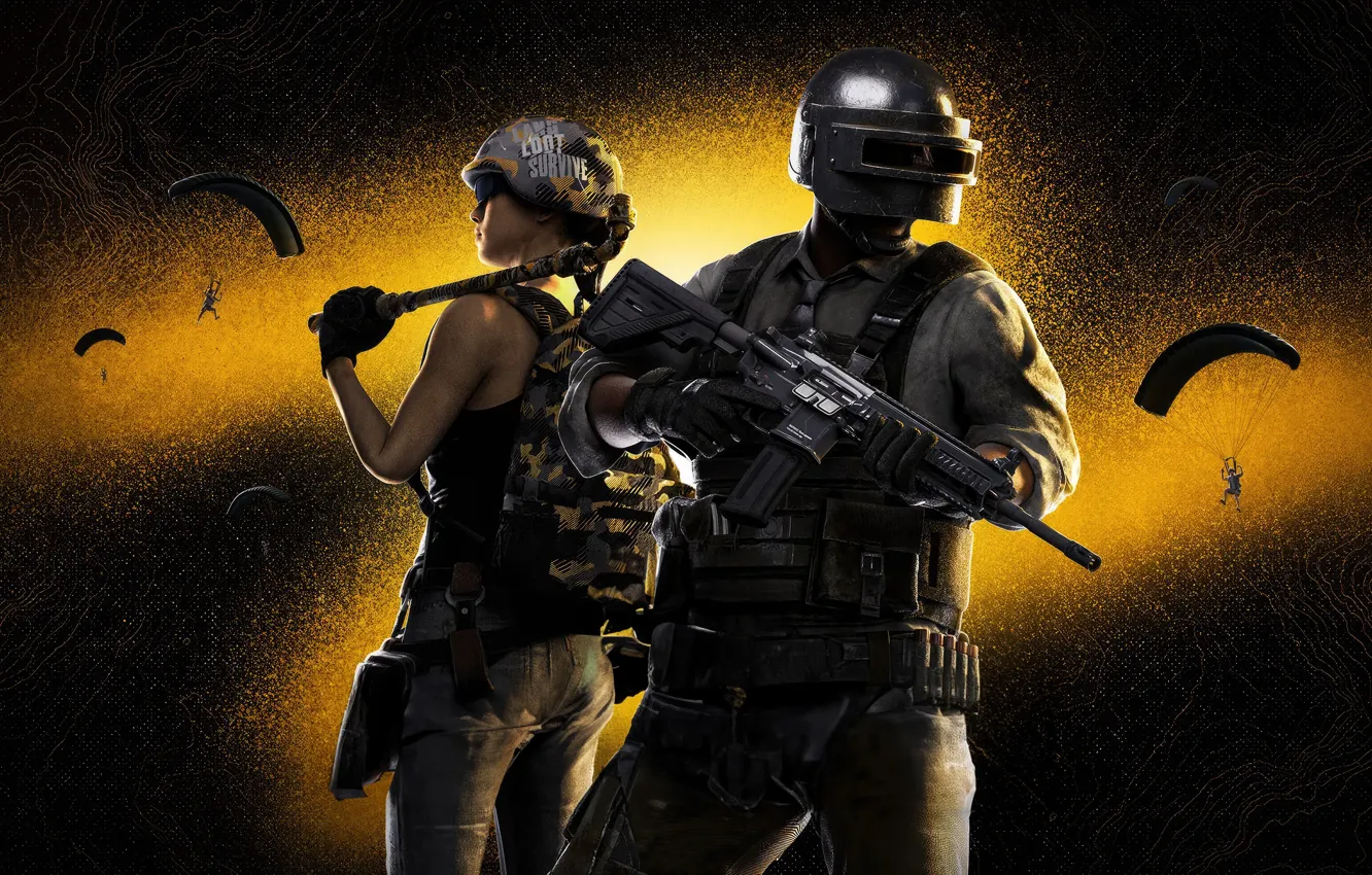Фото обои girl, gun, weapon, woman, man, rifle, helmet, pipe