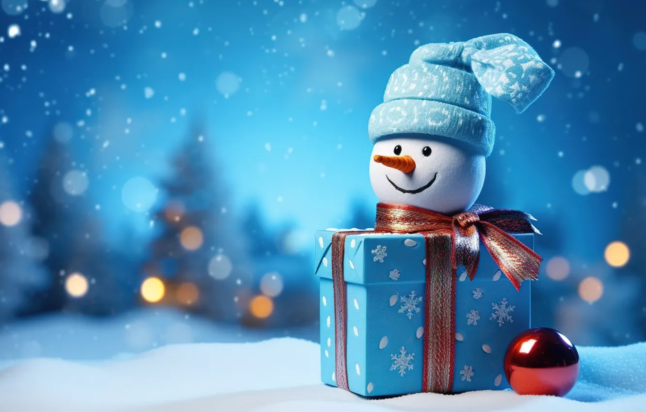 Фото обои зима, снег, шары, Новый Год, Рождество, снеговик, Christmas, balls