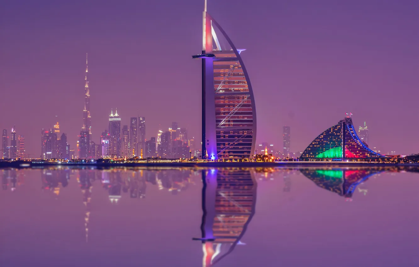 Фото обои World, Burj Al Arab, Reflection, Skyscrapers, Cityscape, Waterfront, Luxury Hotel, Purple sky