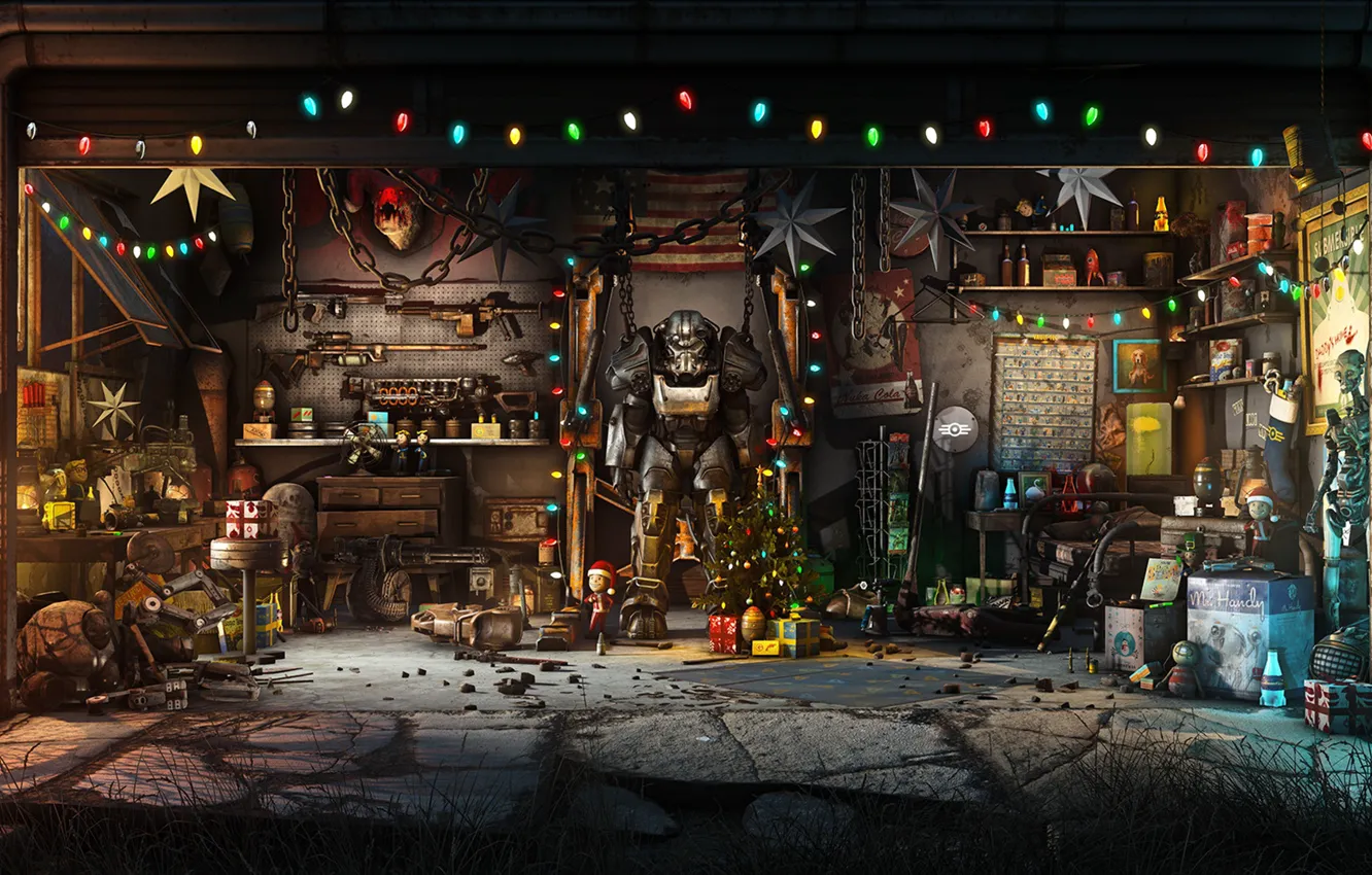 Фото обои Игра, Рождество, Новый год, Оружие, Украшения, Гараж, Праздник, Fallout