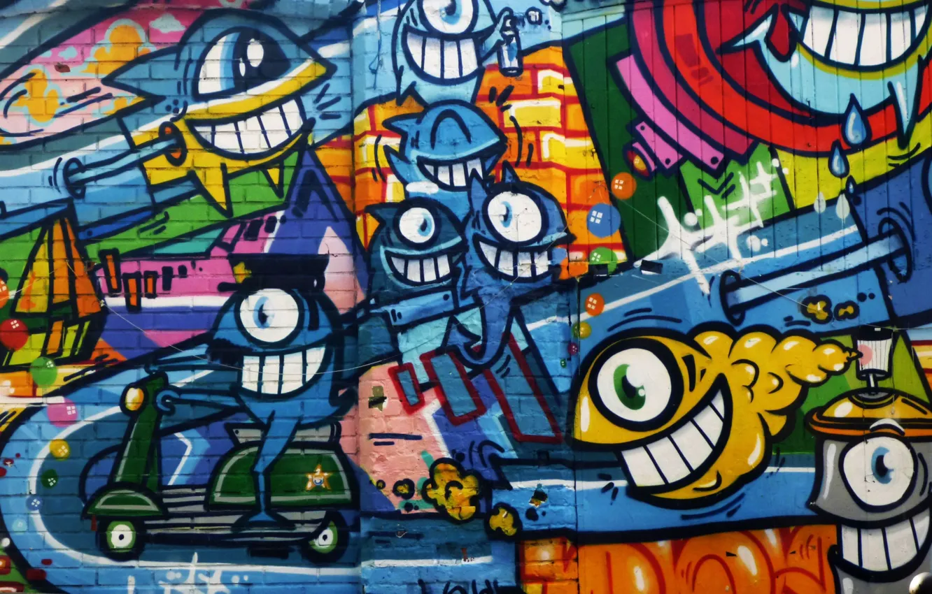 Фото обои стена, граффити, доски, краска, кирпичи, graffiti