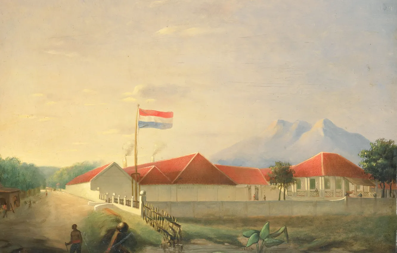 Фото обои пейзаж, масло, картина, 1851, Herman Theodorus Hesselaar, Фабрика на Яве