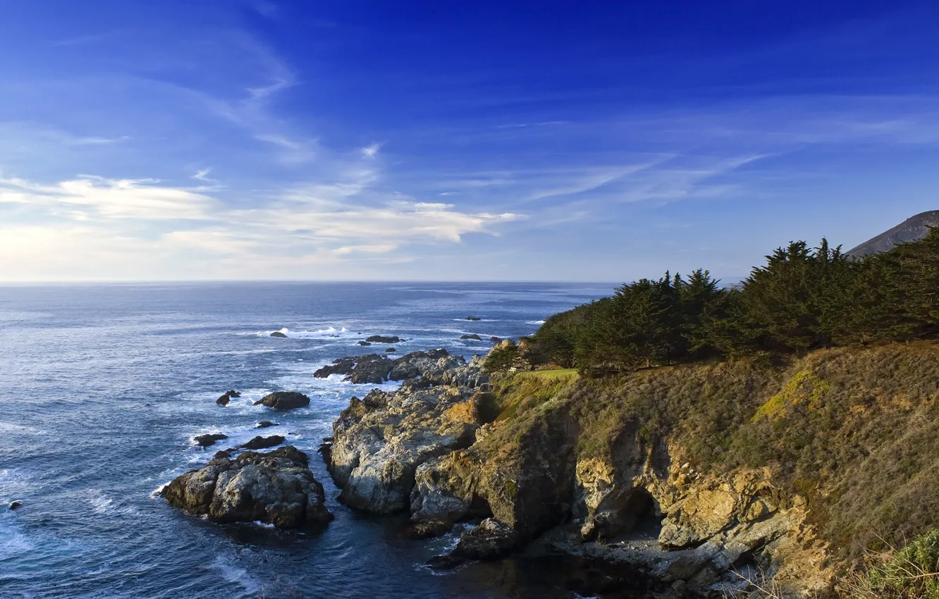 Фото обои море, небо, вода, скалы, берег, Калифорния