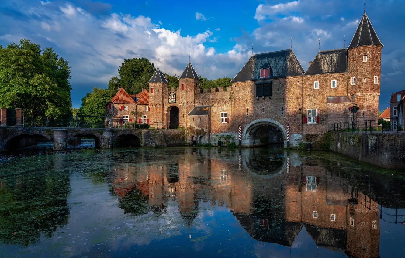 Фото обои вода, отражение, крепость, Нидерланды, Амерсфорт, Коппельпорт, Koppelpoort