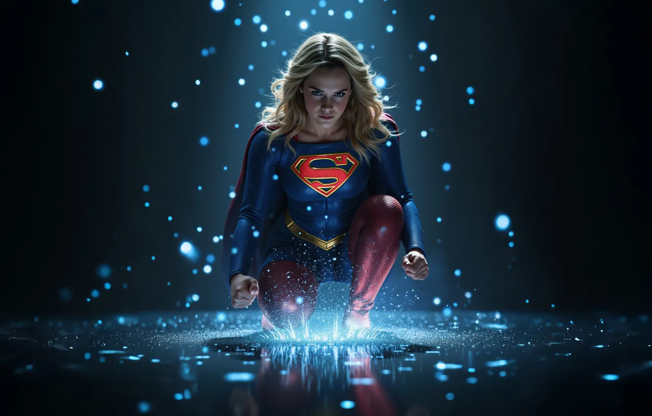 Фото обои блондинка, комиксы, марвел, супергерои, Supergirl, луч света, супер женщина, фантазийный арт