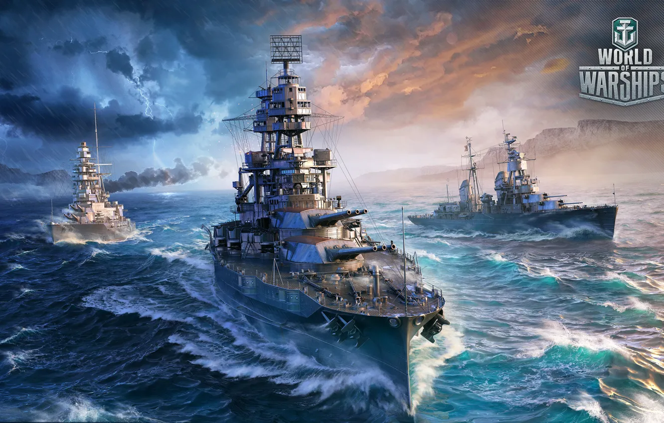 Фото обои небо, дождь, океан, молния, игра, корабли, Arizona, Battleship