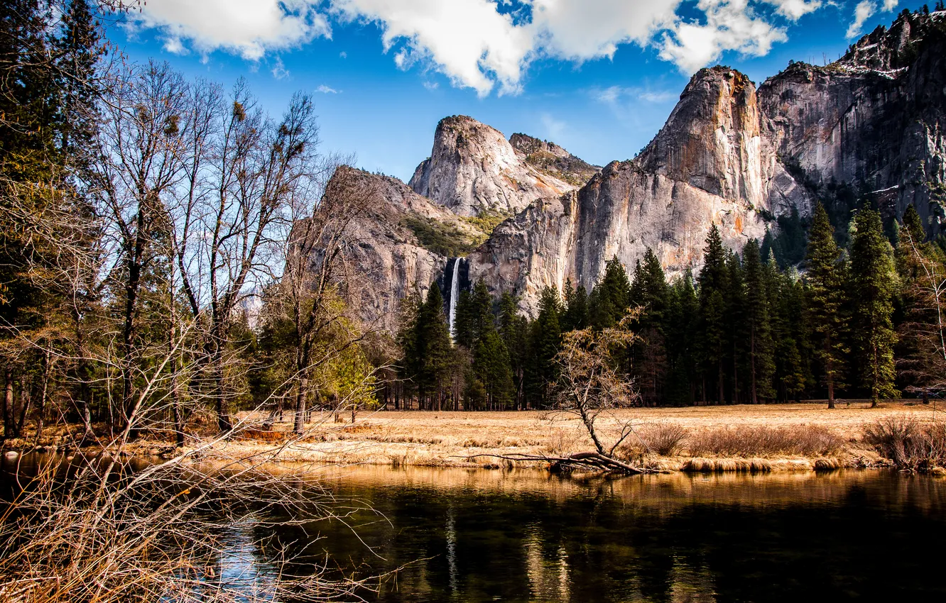 Фото обои деревья, горы, река, берег, вершины, водопад, США, Yosemite national park