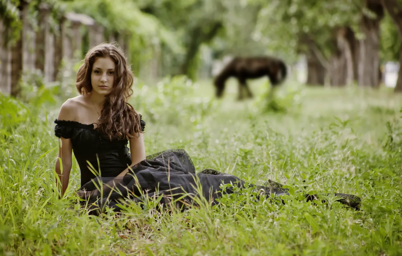 Фото обои трава, девушка, деревья, природа, лошадь, брюнетка, сидит, позирует