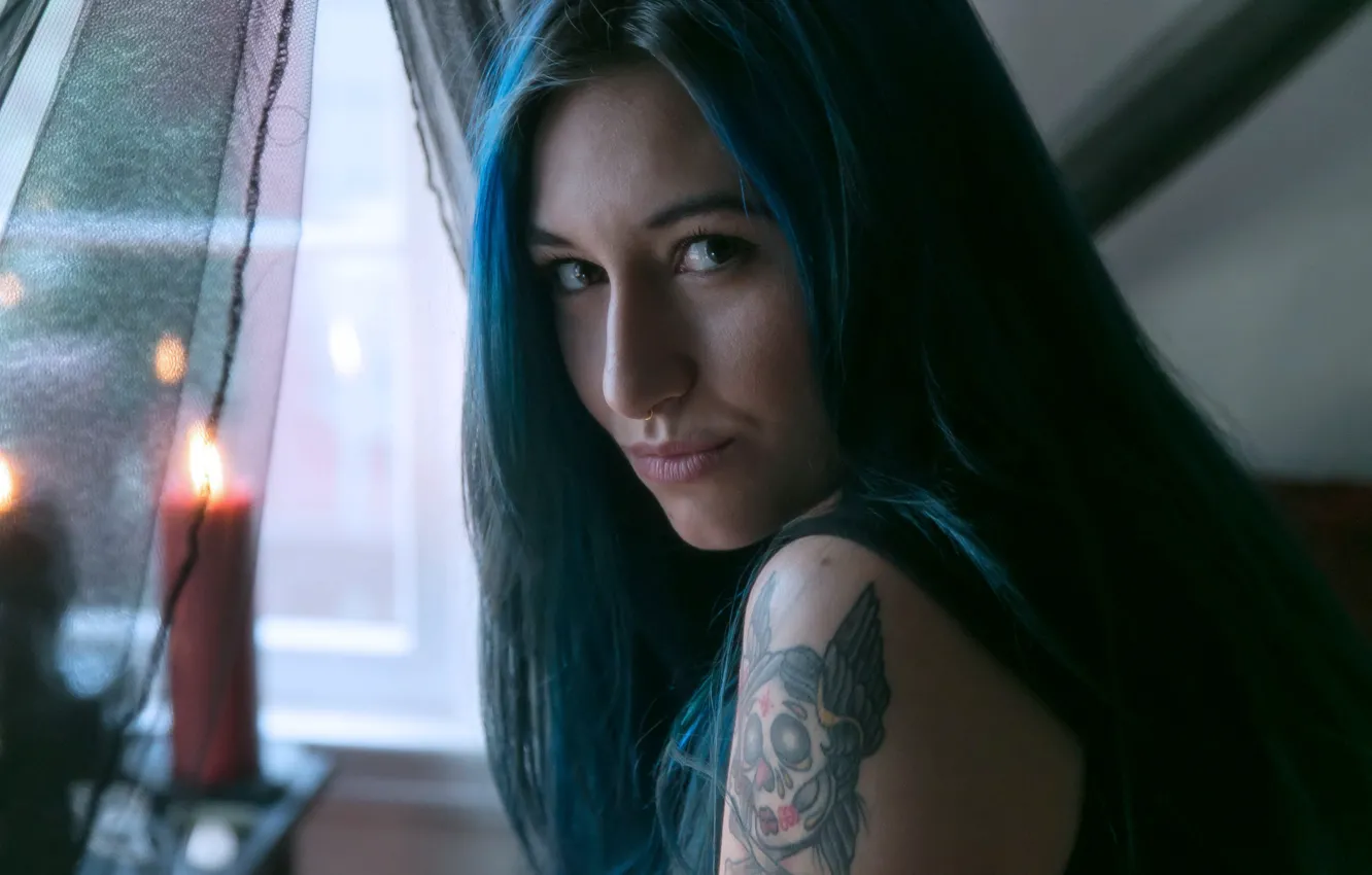 Фото обои девушка, модель, Moon, татуировки, синие волосы