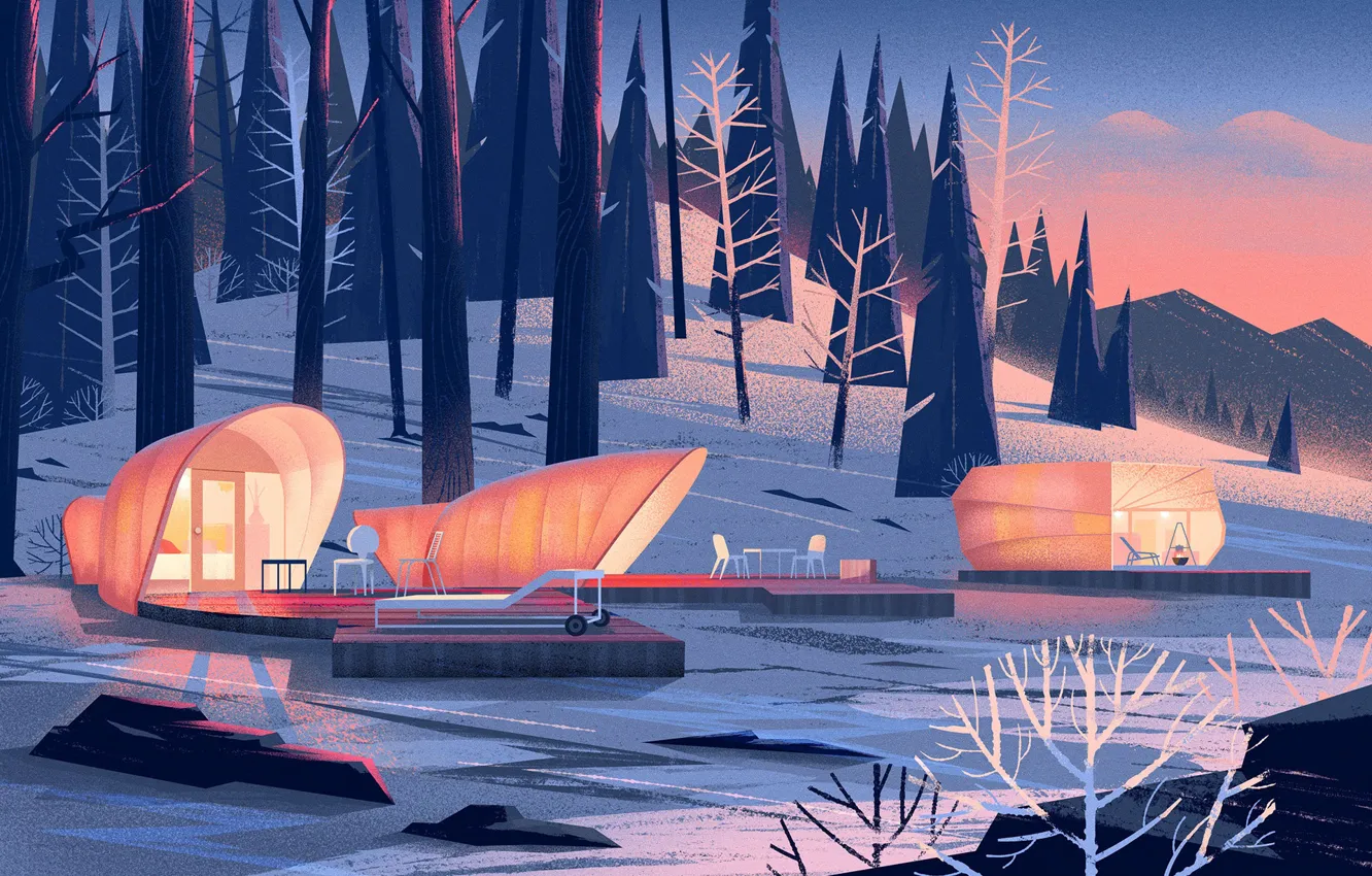 Фото обои зима, лес, берег, водоём, Nomadic Homes Illustrations