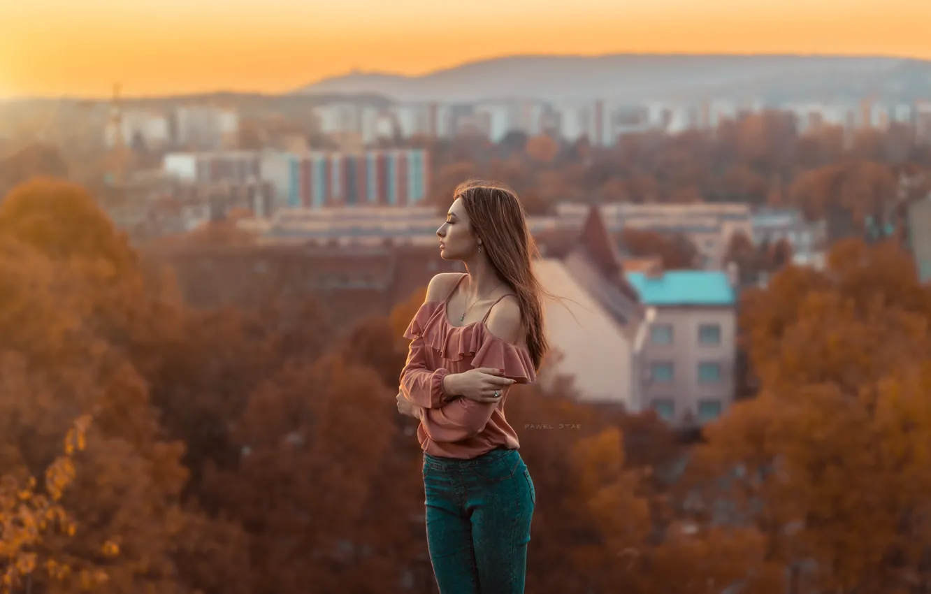 Фото обои осень, солнце, деревья, пейзаж, город, модель, портрет, дома