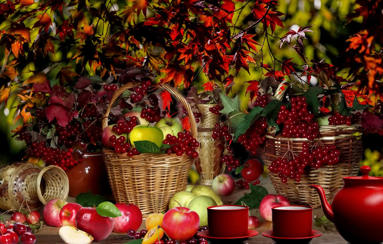 Фото обои осень, яблоки, Корзина, фрукты