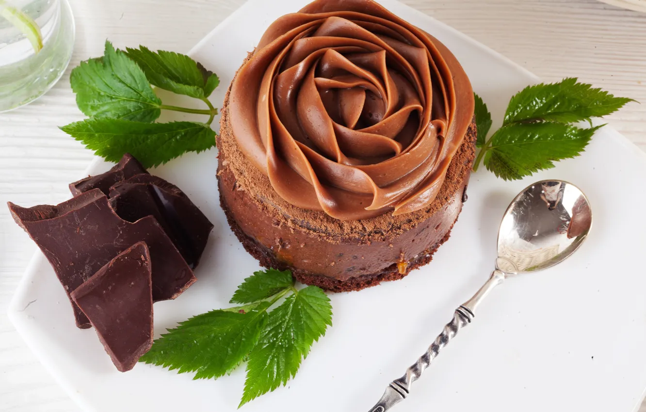 Фото обои листья, дизайн, шоколад, ложка, сладости, пирожное, крем, розочка