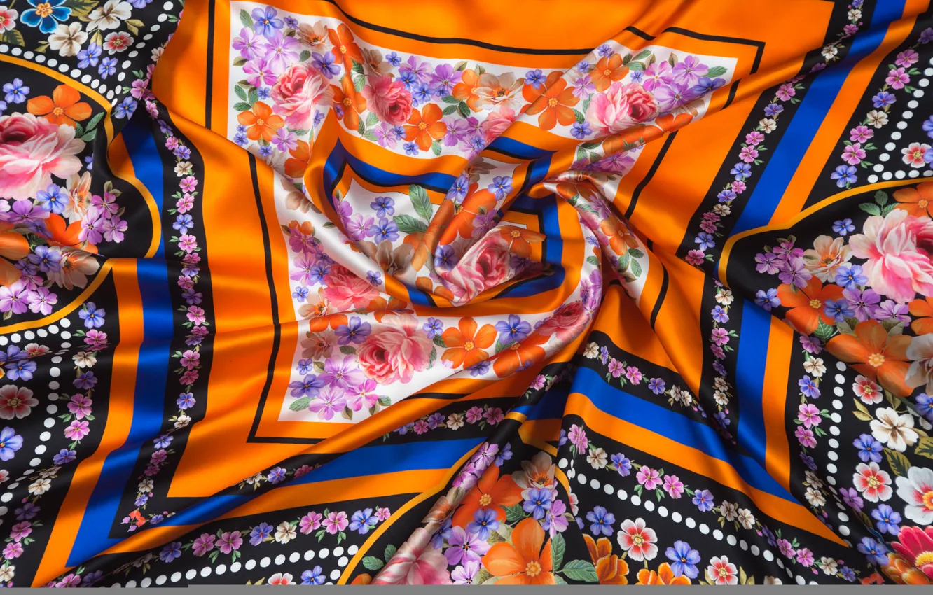 Фото обои линии, цветы, оранжевый, яркие, шелк, ткань, платок, складки