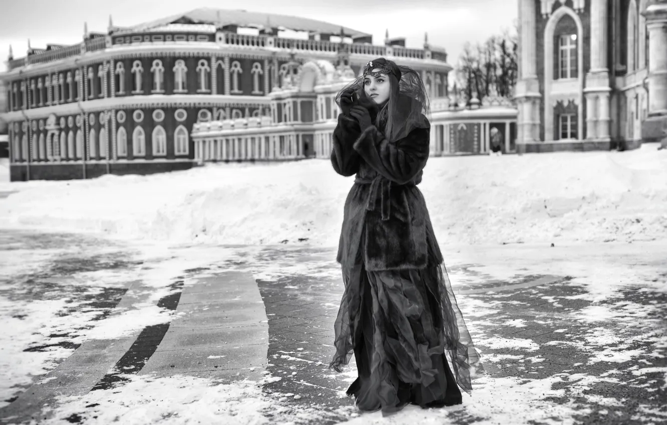 Фото обои зима, платье, маска, площадь, шуба