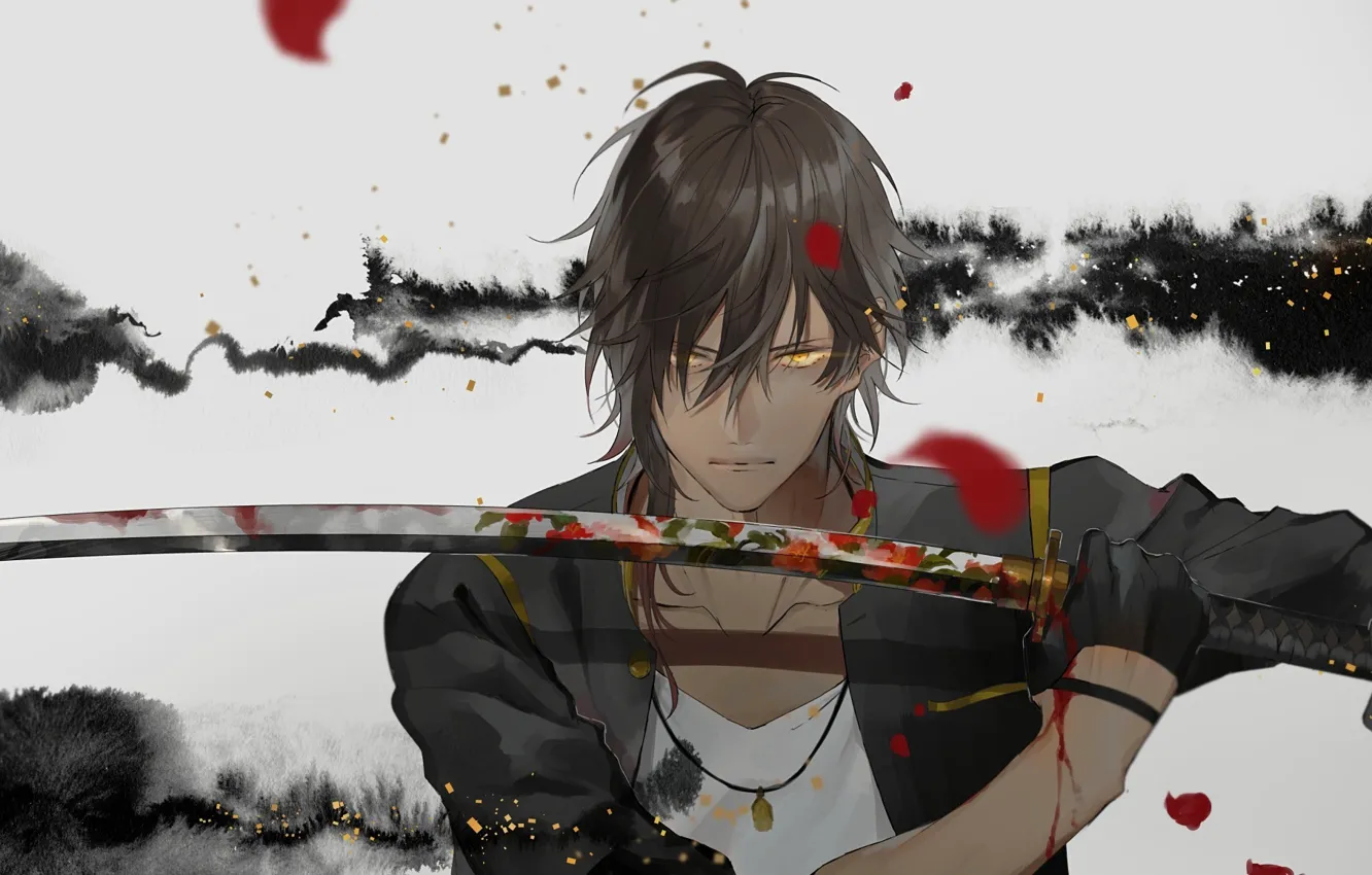 Фото обои взгляд, кровь, меч, арт, самурай, парень, стойка, touken ranbu