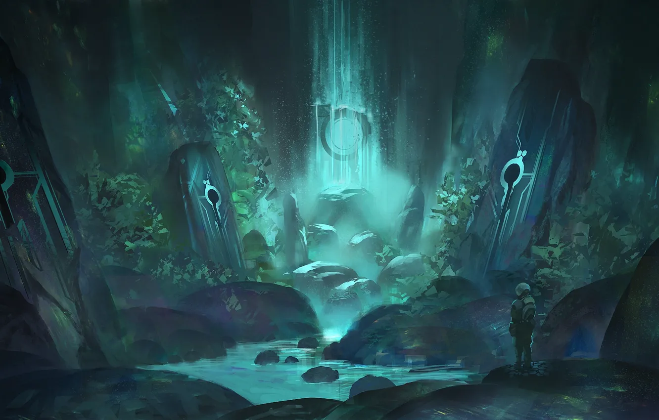 Фото обои вода, ручей, камни, человек, водопад, арт, пещера, руны