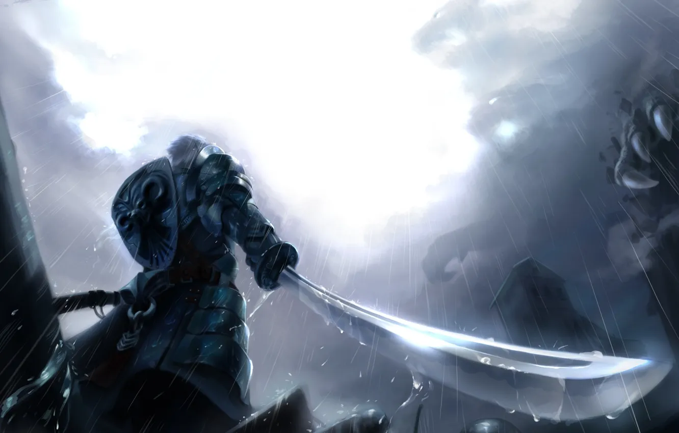 Фото обои дождь, монстр, меч, воин, арт, монохромное, huykho192